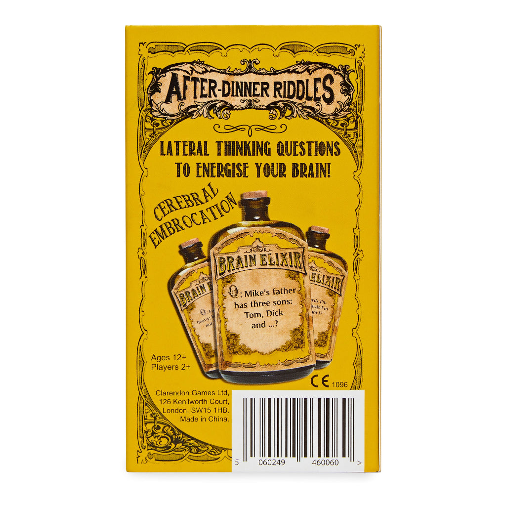 Packaging of 'After Dinner Riddles' with a bottle design on a yellow background