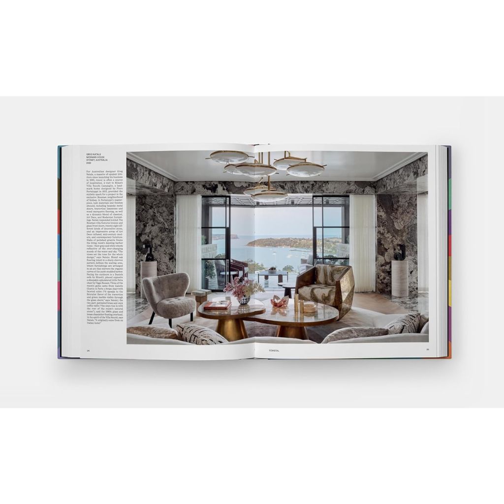 Open book showing a modern living room design with furniture and decor.