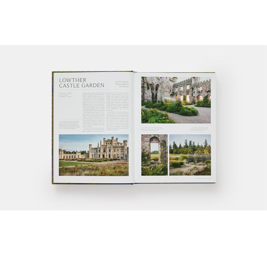 Open book showing images of Lowther Castle Garden on a white background