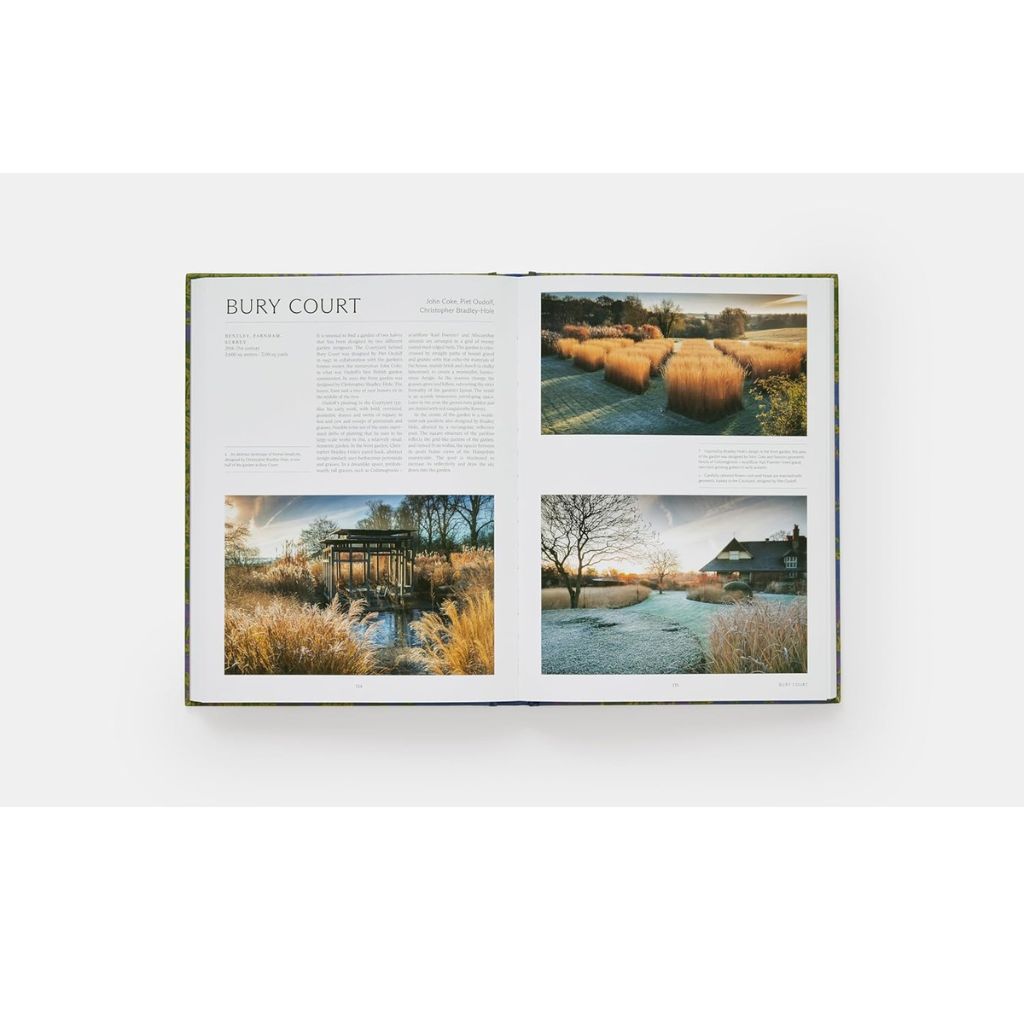 Open book showing images of a garden and landscape with 'Bury Court' text.