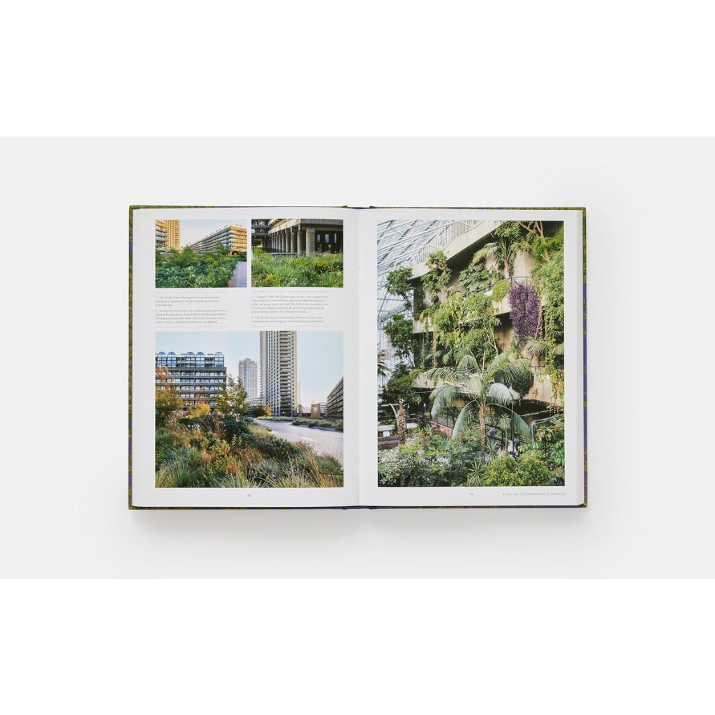 Open book showing images of urban greenery and architecture on a white background