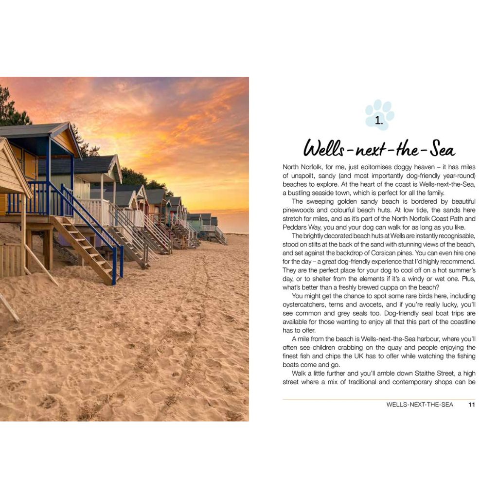 Beach huts on a sandy beach with a sunset sky, text overlay on the right.