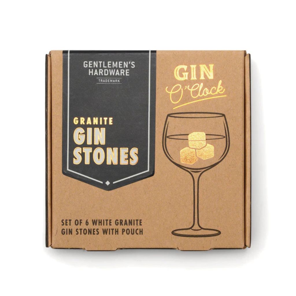 Box of Gentlemen's Hardware Granite Gin Stones with a glass illustration on a white background