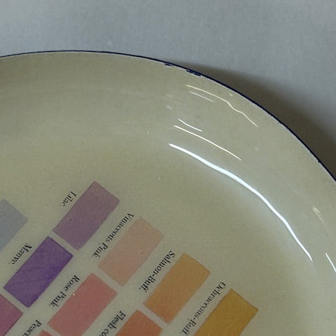 Colour swatch chart on a ceramic plate with colour names