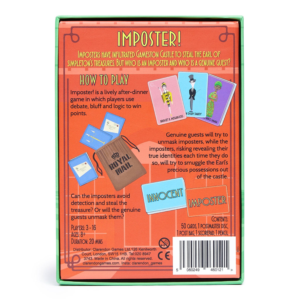 Back of a game box titled 'Imposter' with game instructions and cards.