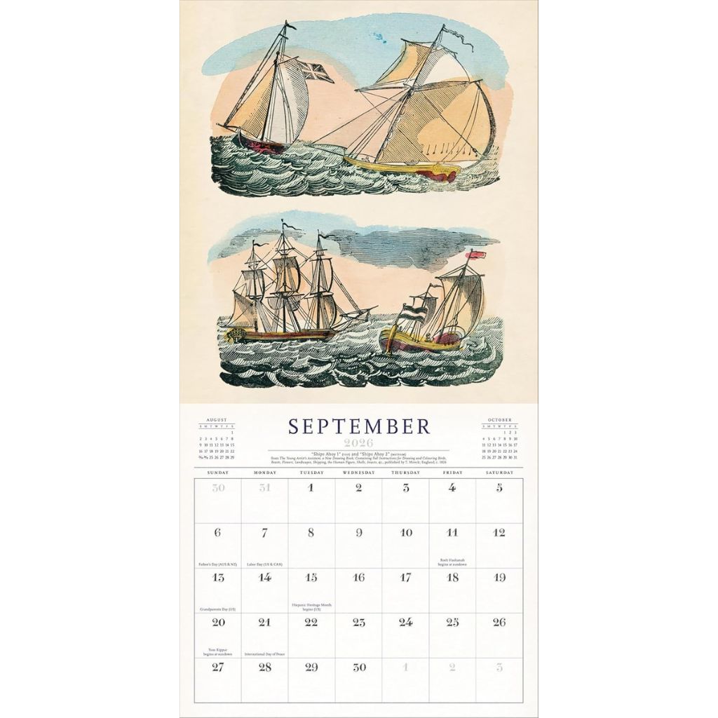 Calendar page for September with vintage ship illustrations on a beige background
