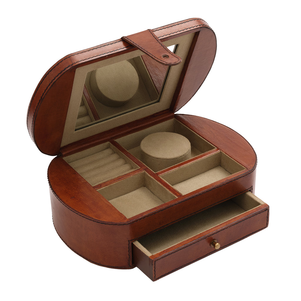 Brown jewellery box with mirror and compartments on a white background