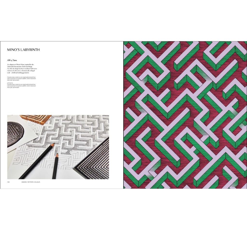 Book page with geometric pattern and text on a white background