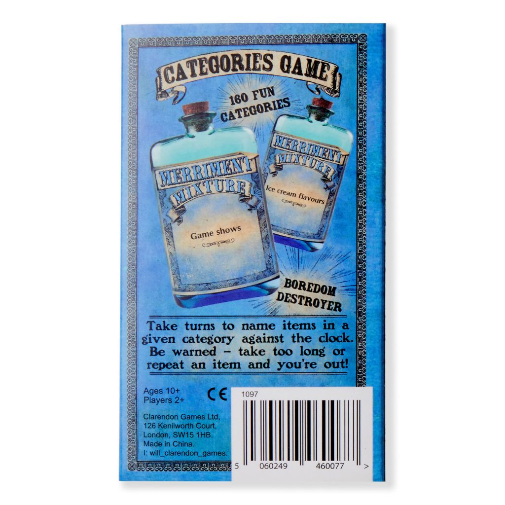 Card game packaging with blue bottles and text on a white background