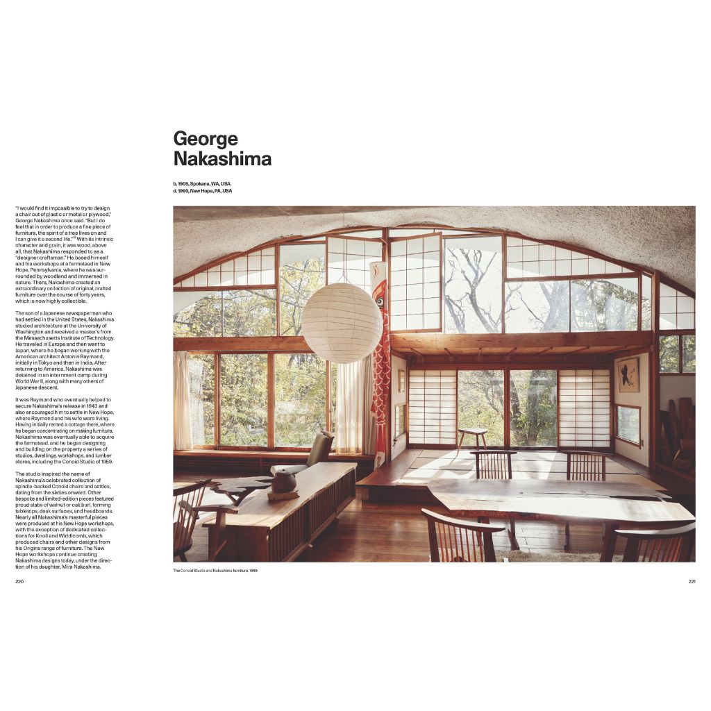 Modern interior design with large windows and wooden furniture, featuring the name George Nakashima.