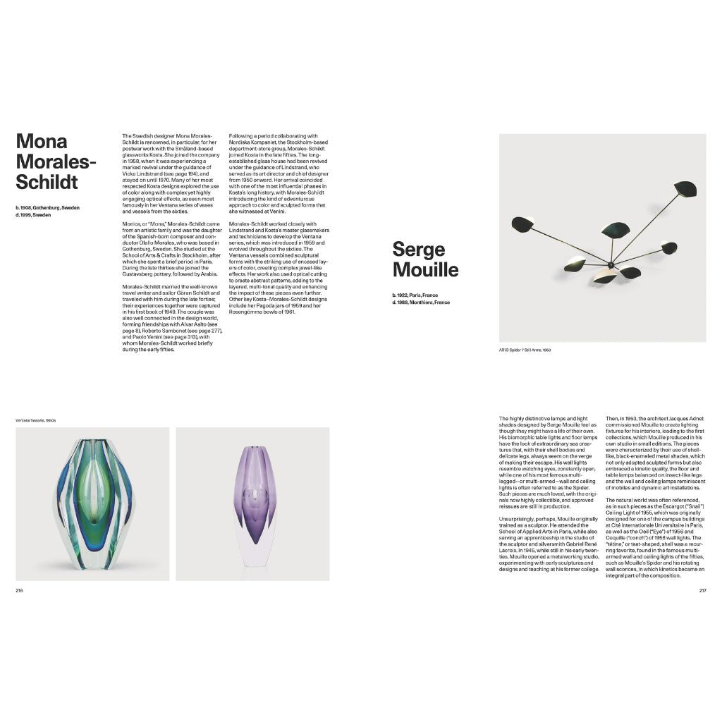 Page from a book featuring art pieces by Mona Morales-Schildt and Serge Mouille.