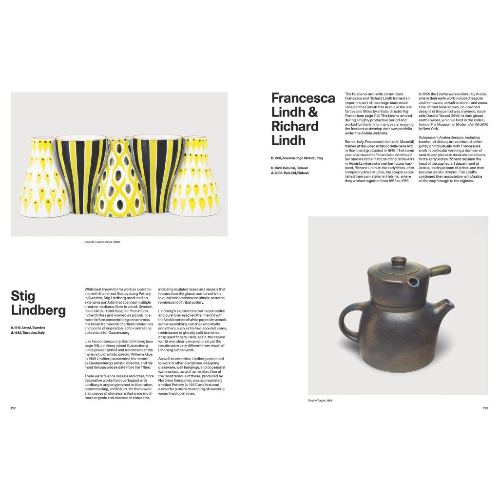 Page from a book featuring ceramic items with text about Francesca Lindh, Richard Lindh, and Stig Lindberg.