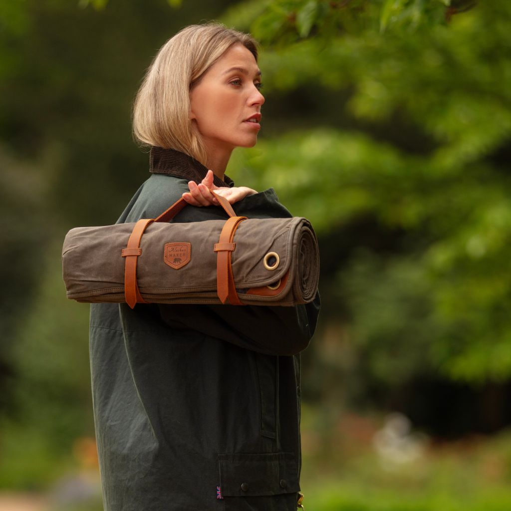 Waxed CAnvas Picnic Rug Over Shoulder
