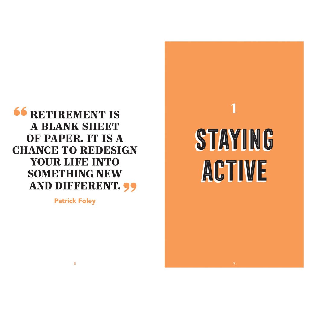 Orange book cover with text '1. Staying Active' and a quote by Patrick Foley on a white background.