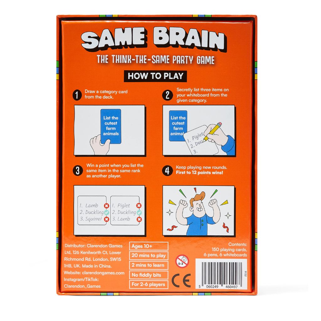 Orange game box for 'Same Brain' party game with instructions and branding.