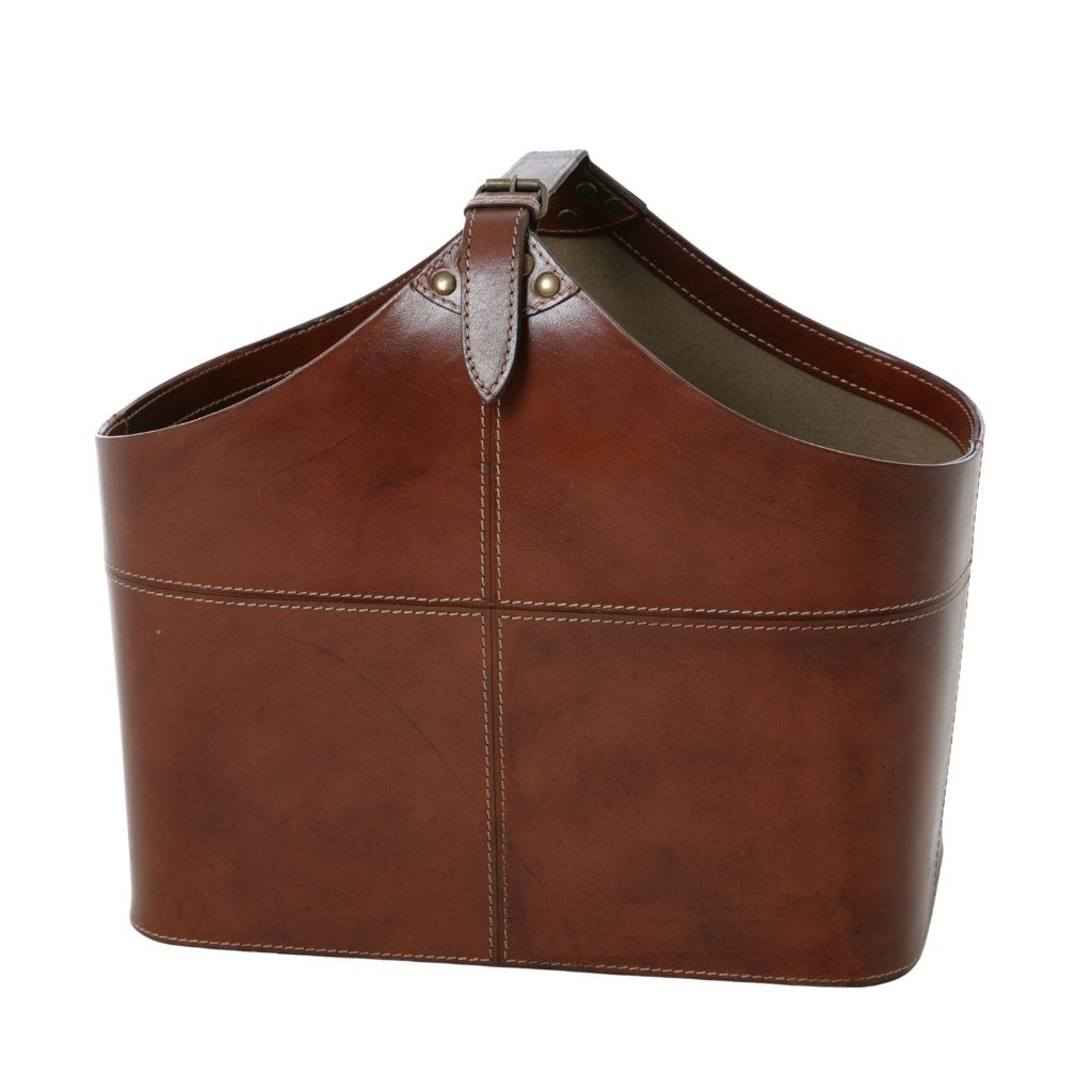 Seconds leather magazine basket with buckles and white stiching