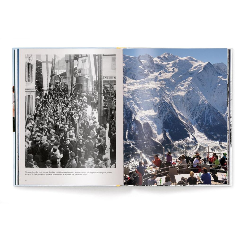 Open book showing two pages with a crowd scene and a mountain view.