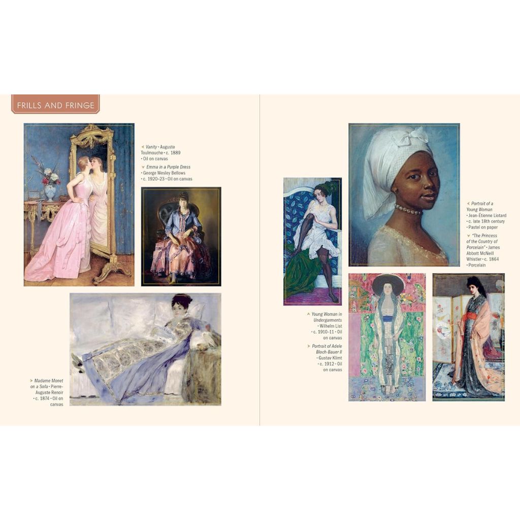 Book open to a page with portraits of women in various poses and settings.