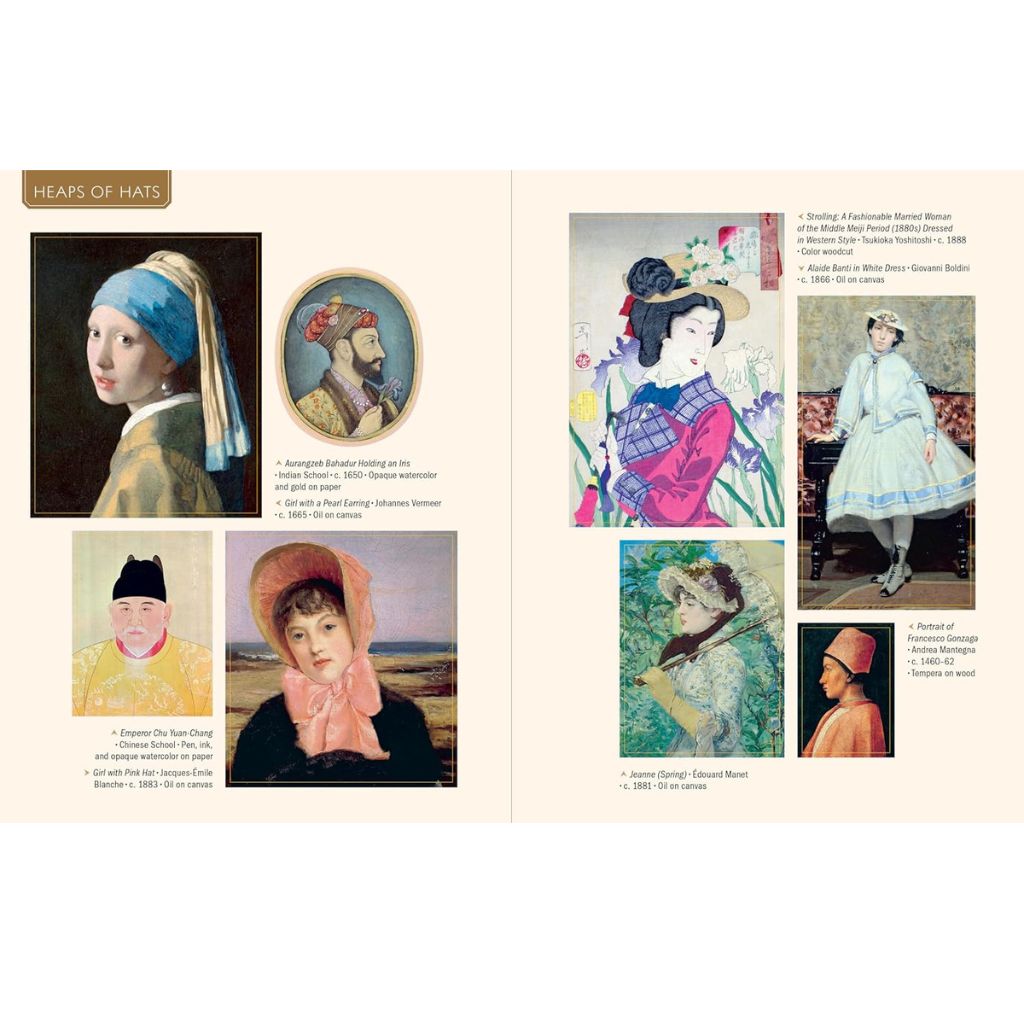 Collage of portraits with hats from various artists, displayed on a beige background.