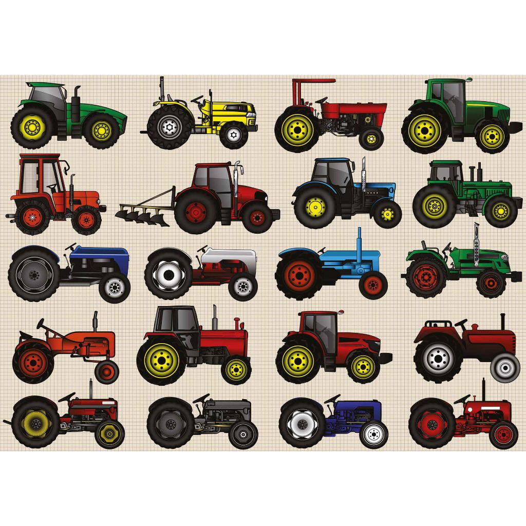 Pattern of colourful tractors on a beige background