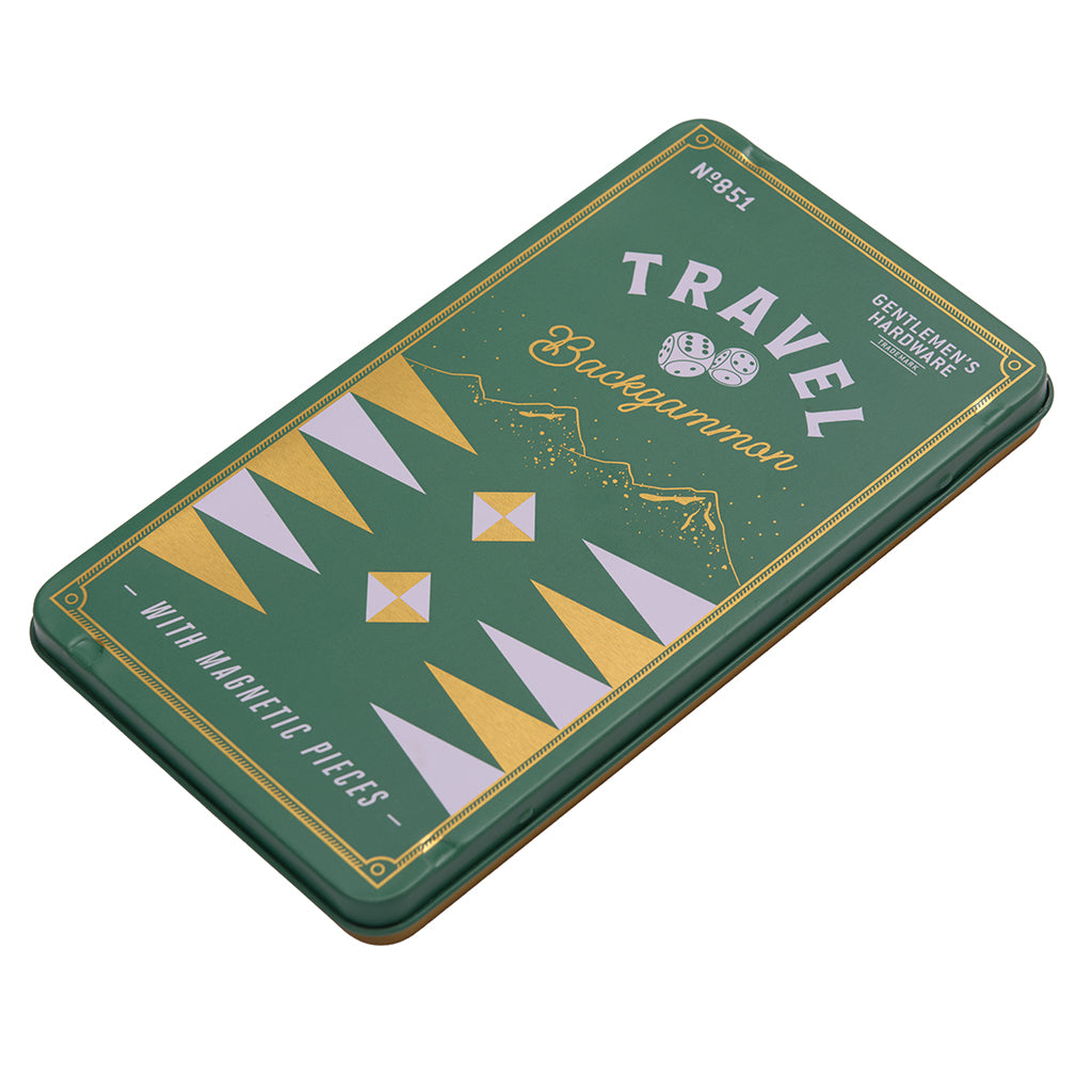 Green travel backgammon set packaging with geometric designs on a white background