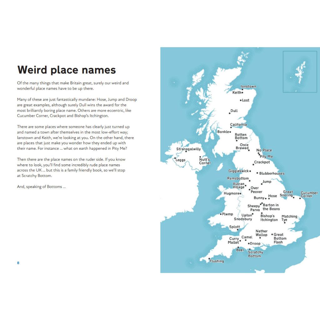 Map of the United Kingdom with place names highlighted, accompanied by text about weird place names.