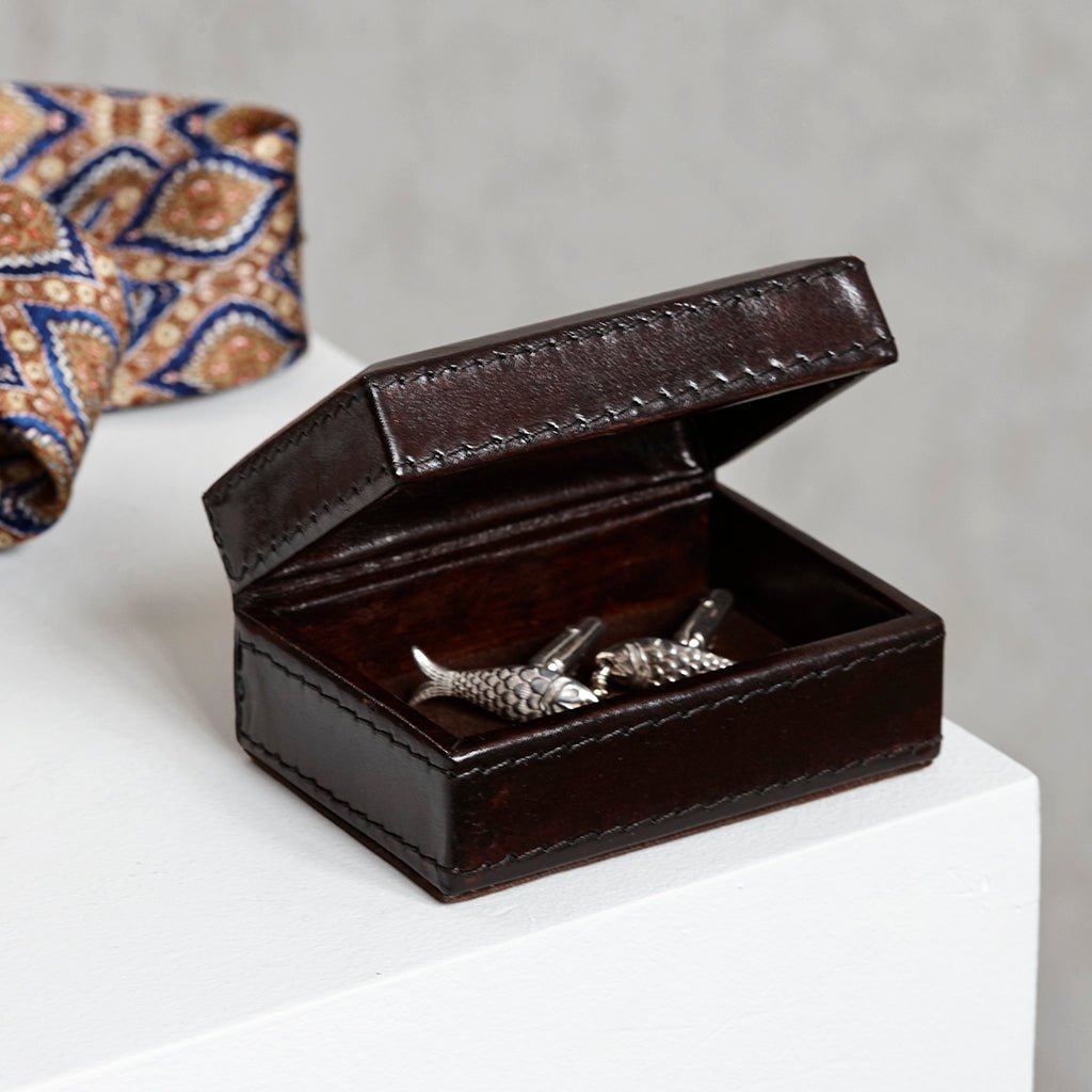 Dark brown leather mini cufflink box - Life of Riley