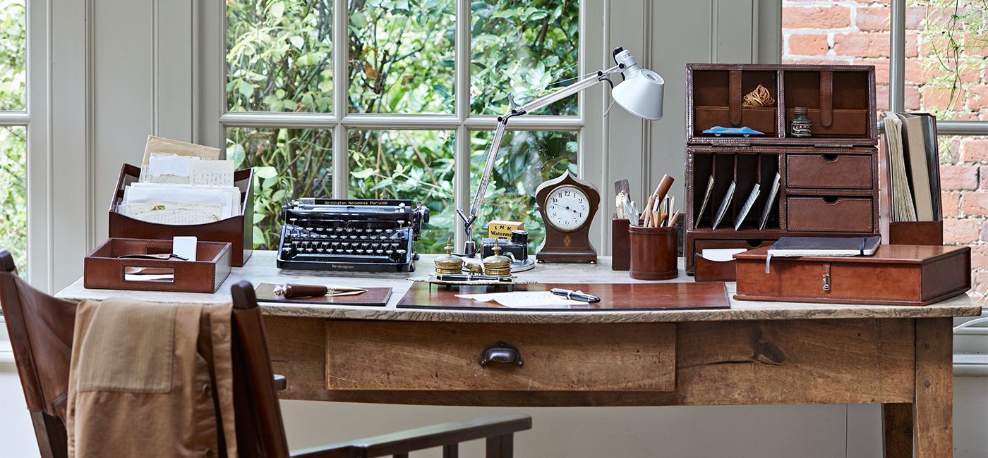 Desk set u p with leather accessories