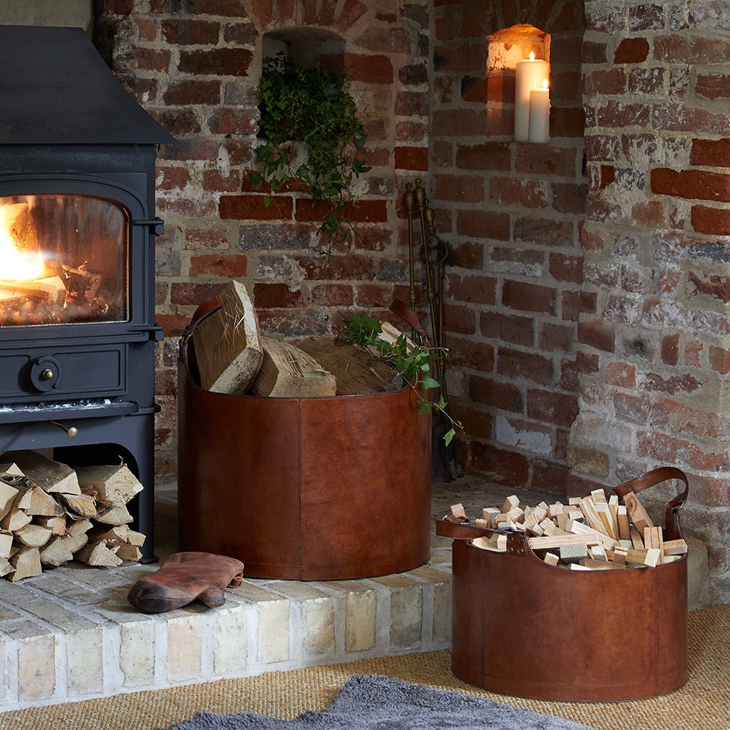 Set Of Two Leather Baskets For Logs & Kindling - Life of Riley
