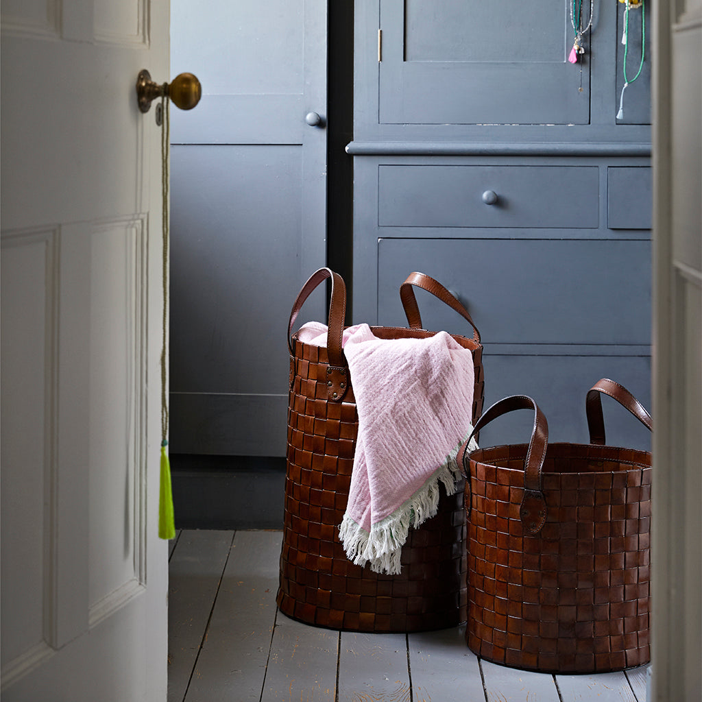 Leather woven short and tall baskets