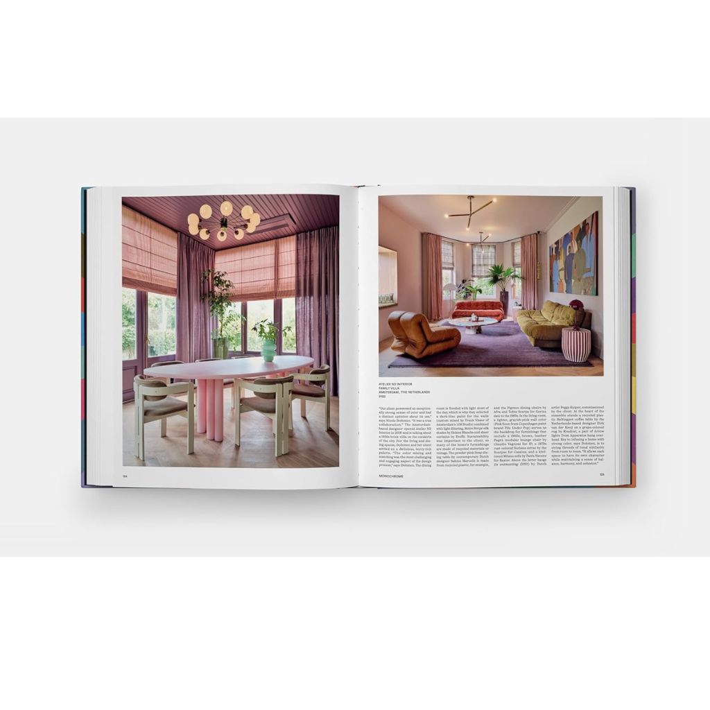 Open book showing interior design images of a living room and dining area.