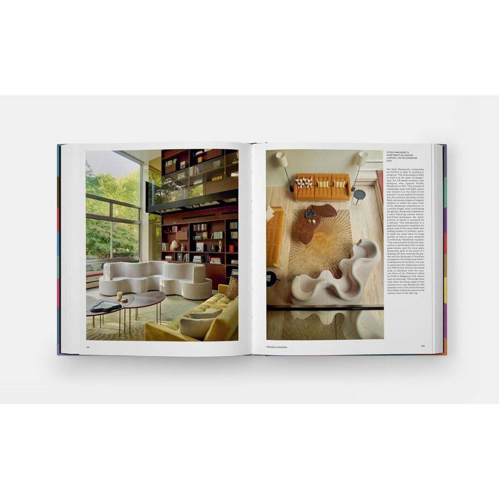 Open book showing interior design images on a white background