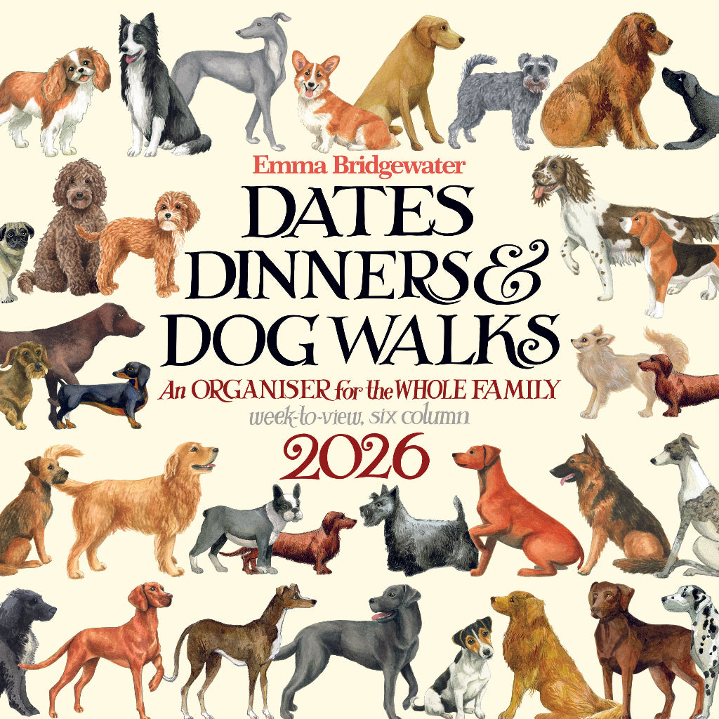 Calendar cover with illustrations of dogs and text 'Dates, Dinners & Dog Walks' by Emma Bridgewater.