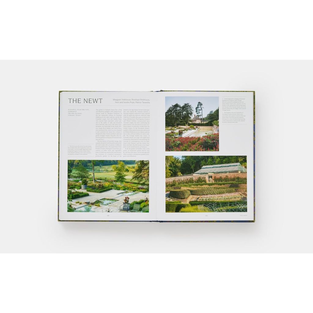 Open book showing images of a garden with text on a white background