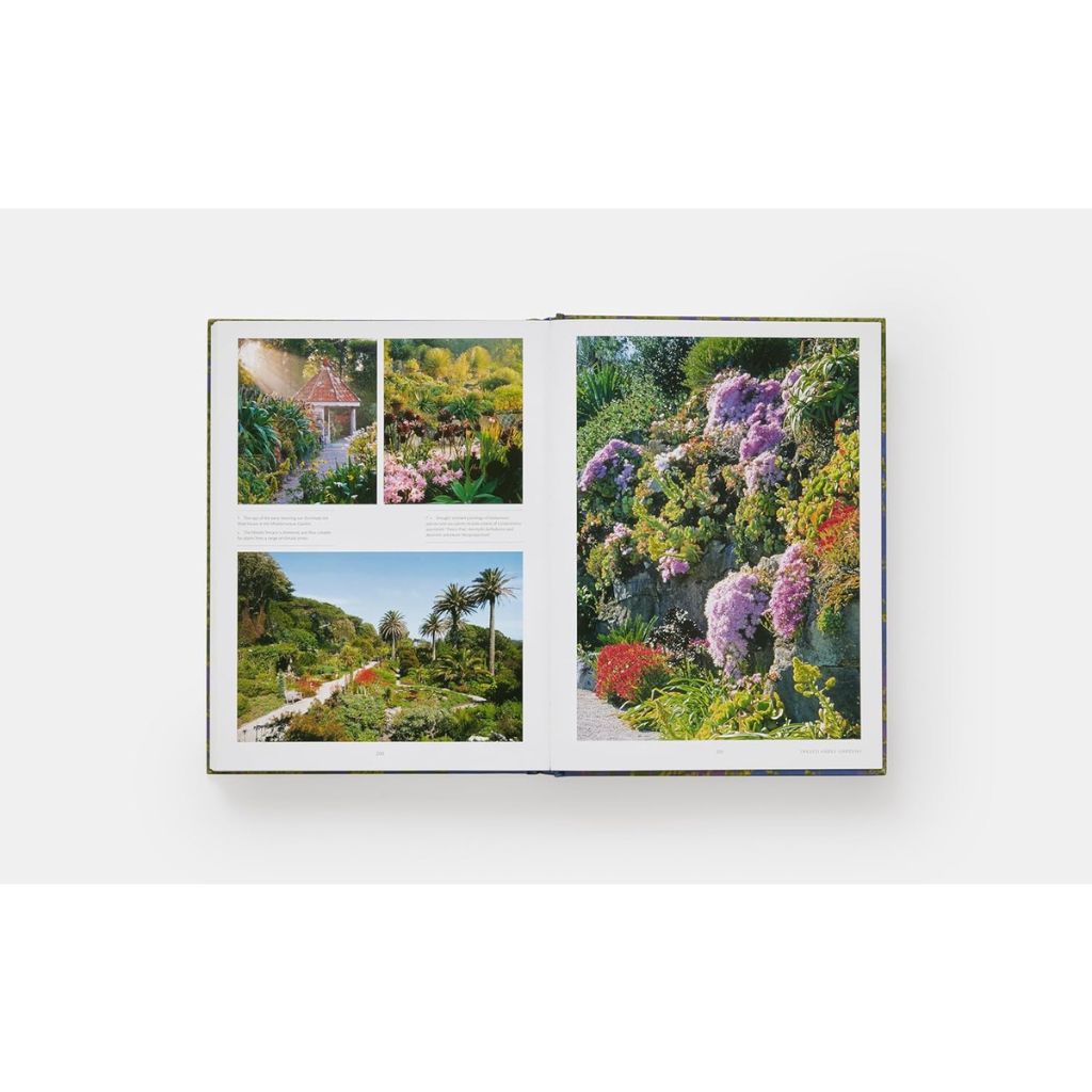 Open book displaying colorful garden images on a white background