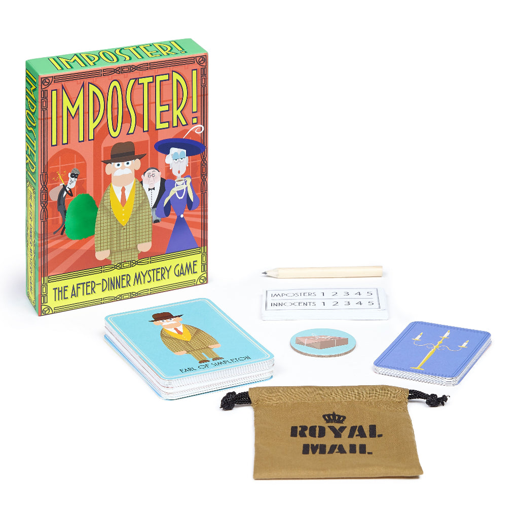 Card game set with 'Imposter!' box, cards, and a drawstring bag on a white background
