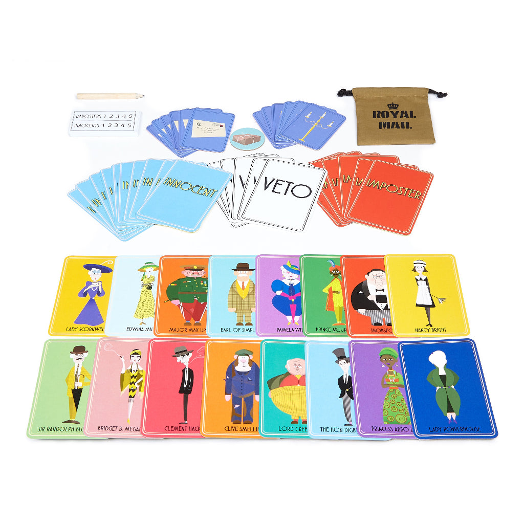 Collection of colourful cards with character illustrations on a white background