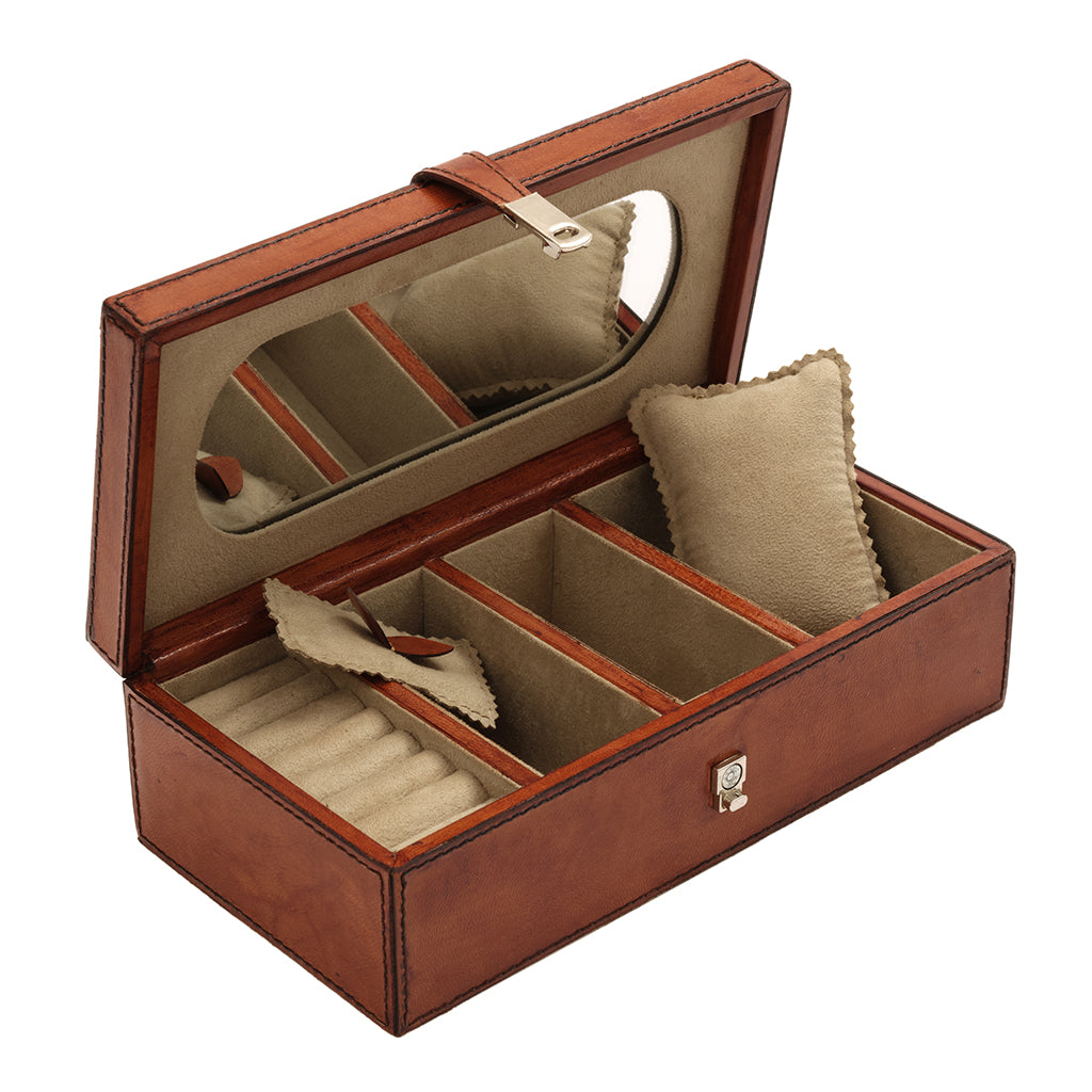 Brown jewellery box with compartments on a white background