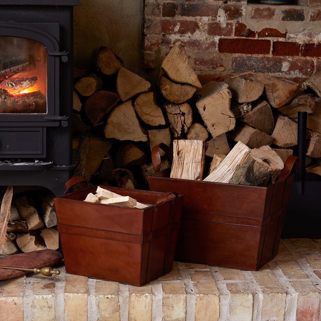 LEATHER CLASSIC LOG BASKET WITH SMALLER KINDLING BASKET