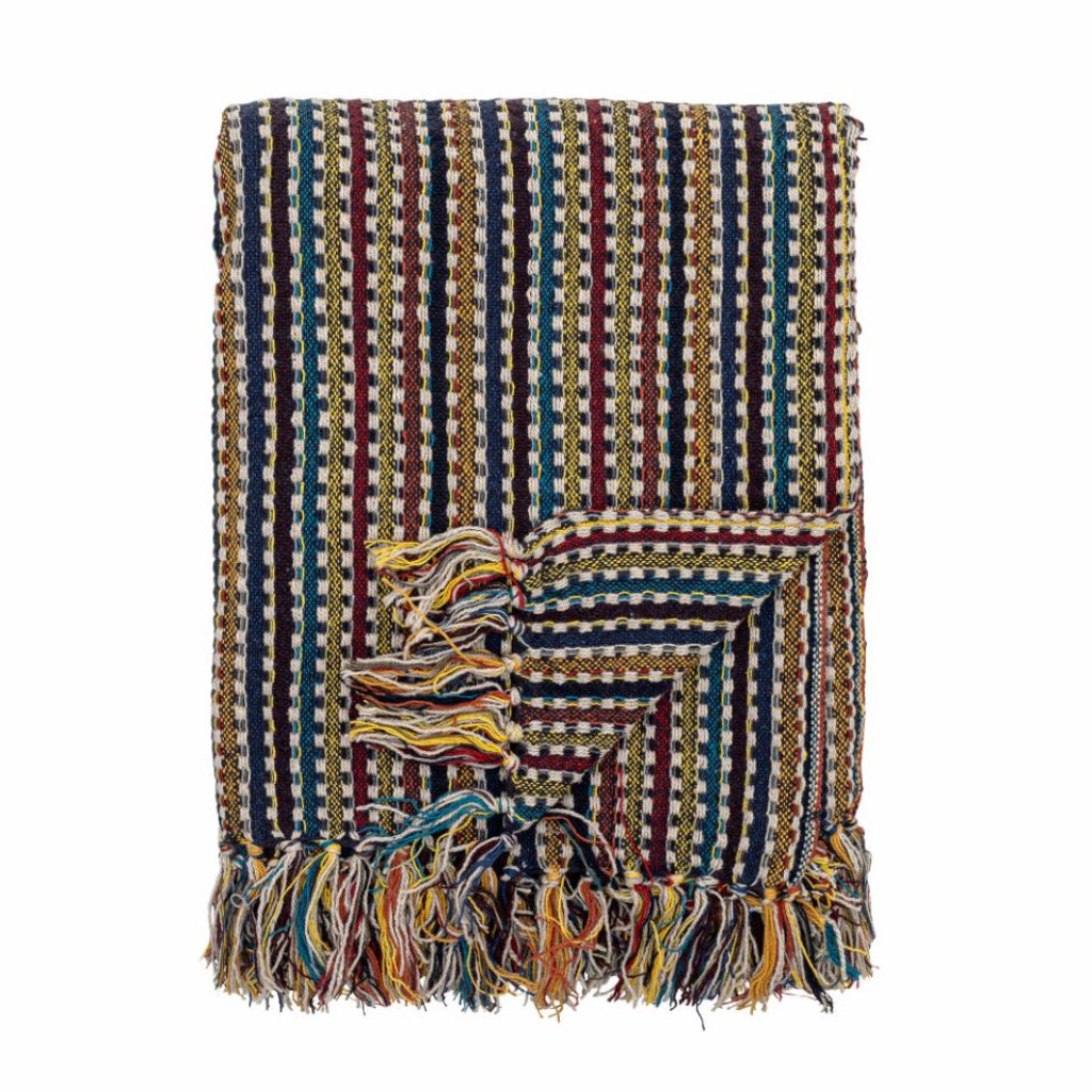Multicolored woven throw blanket with tassels on a white background