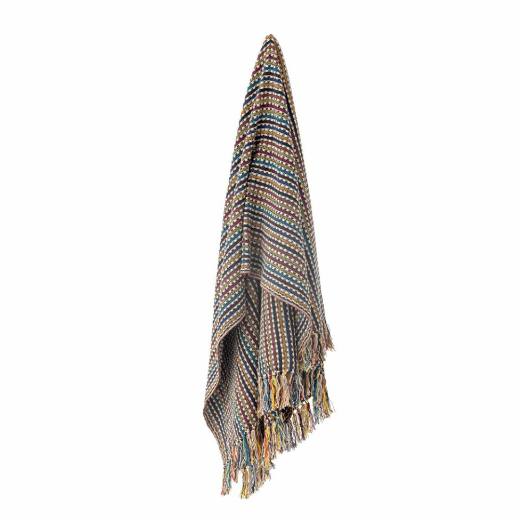 Multicolored woven blanket with tassels on a white background