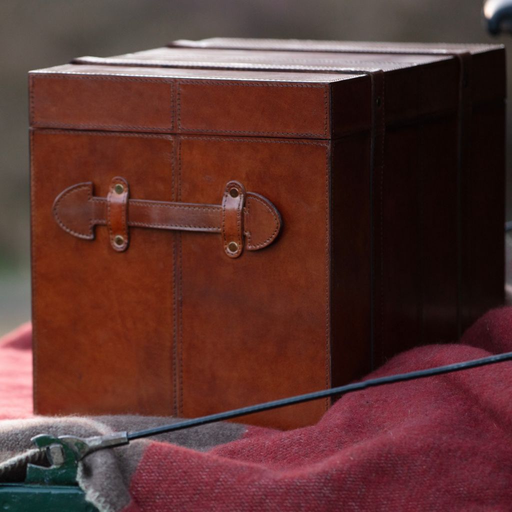 Leather storage / carry box for ten bottles, photographed outdoors on a red blanket with a blurred natural background.