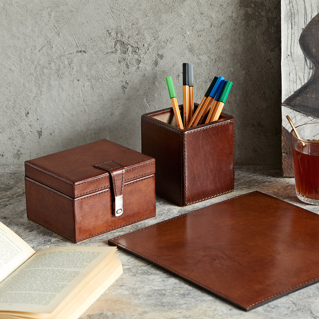 Small leather desk set with stud keepsake box, desk mat  & square pen pot 