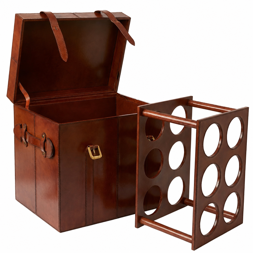 A brown leather wine box for six bottles with an open lid and a separate leather wine rack placed beside it, shown on a plain white background.