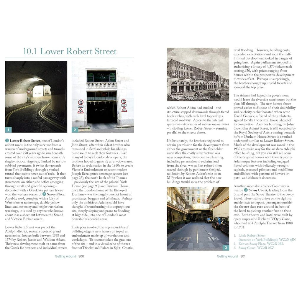 Book page with images and text about Lower Robert Street, featuring a tunnel, building interior, and street view.