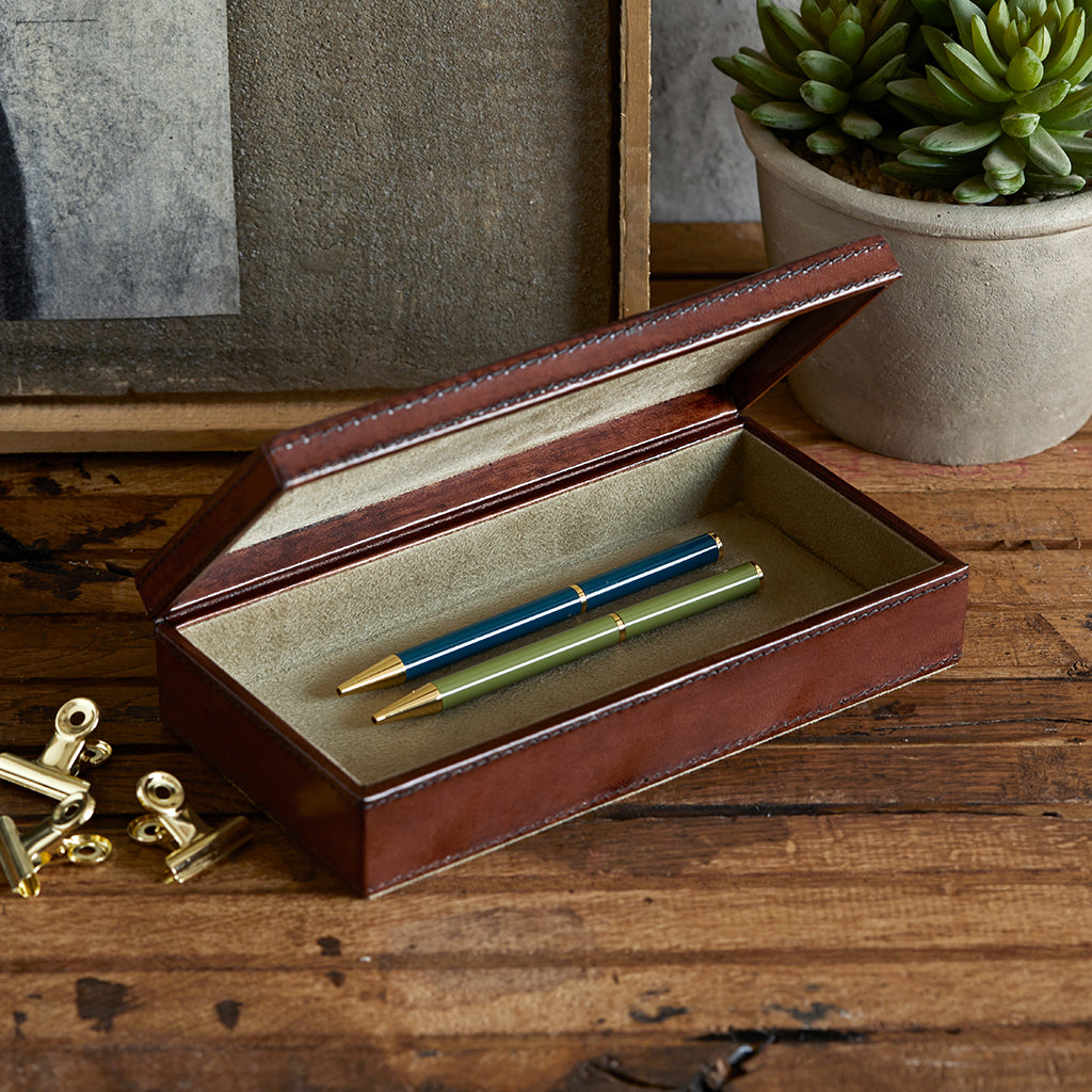 Leather memento box large open with pens inside