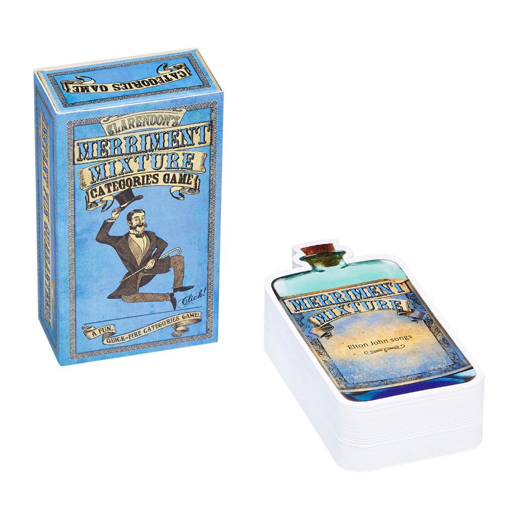 Merriment Mixture game box and playing cards on a white background