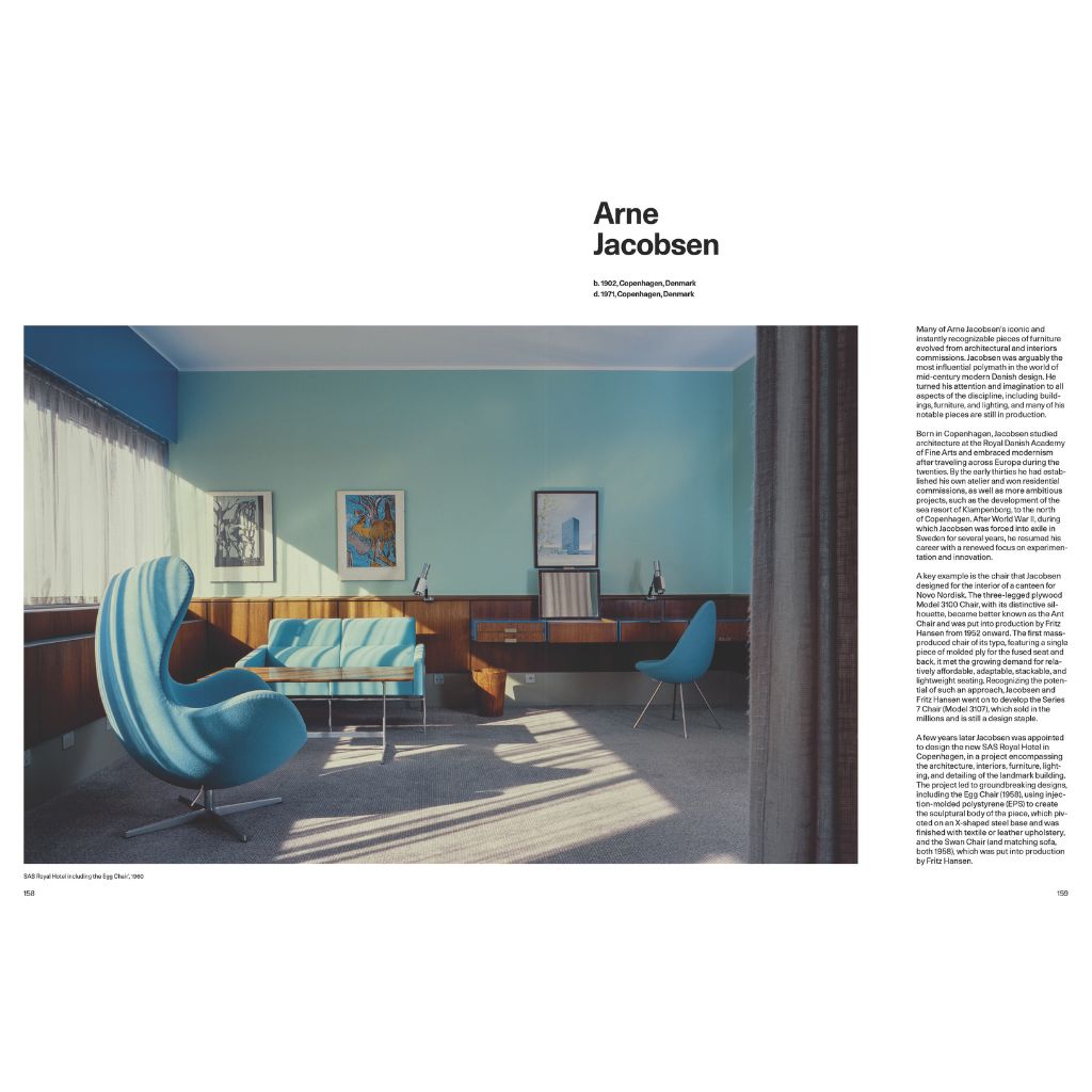 Modern interior design with blue furniture and Arne Jacobsen branding.