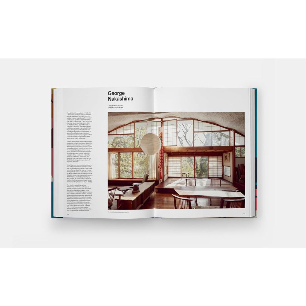 Open book showing an interior design layout with a modern room and text on a white background