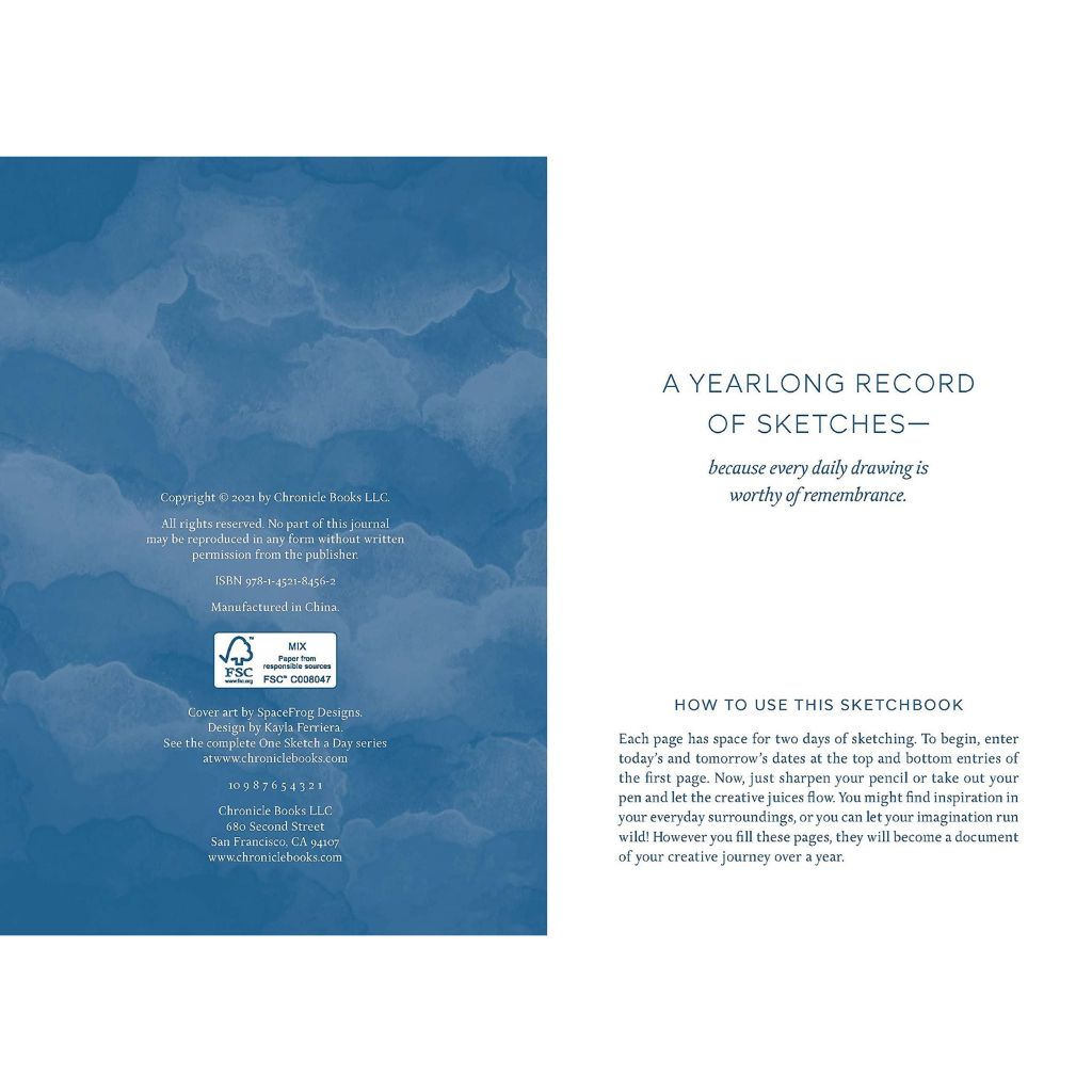 Back cover of a sketchbook with blue watercolor design and text on a white background